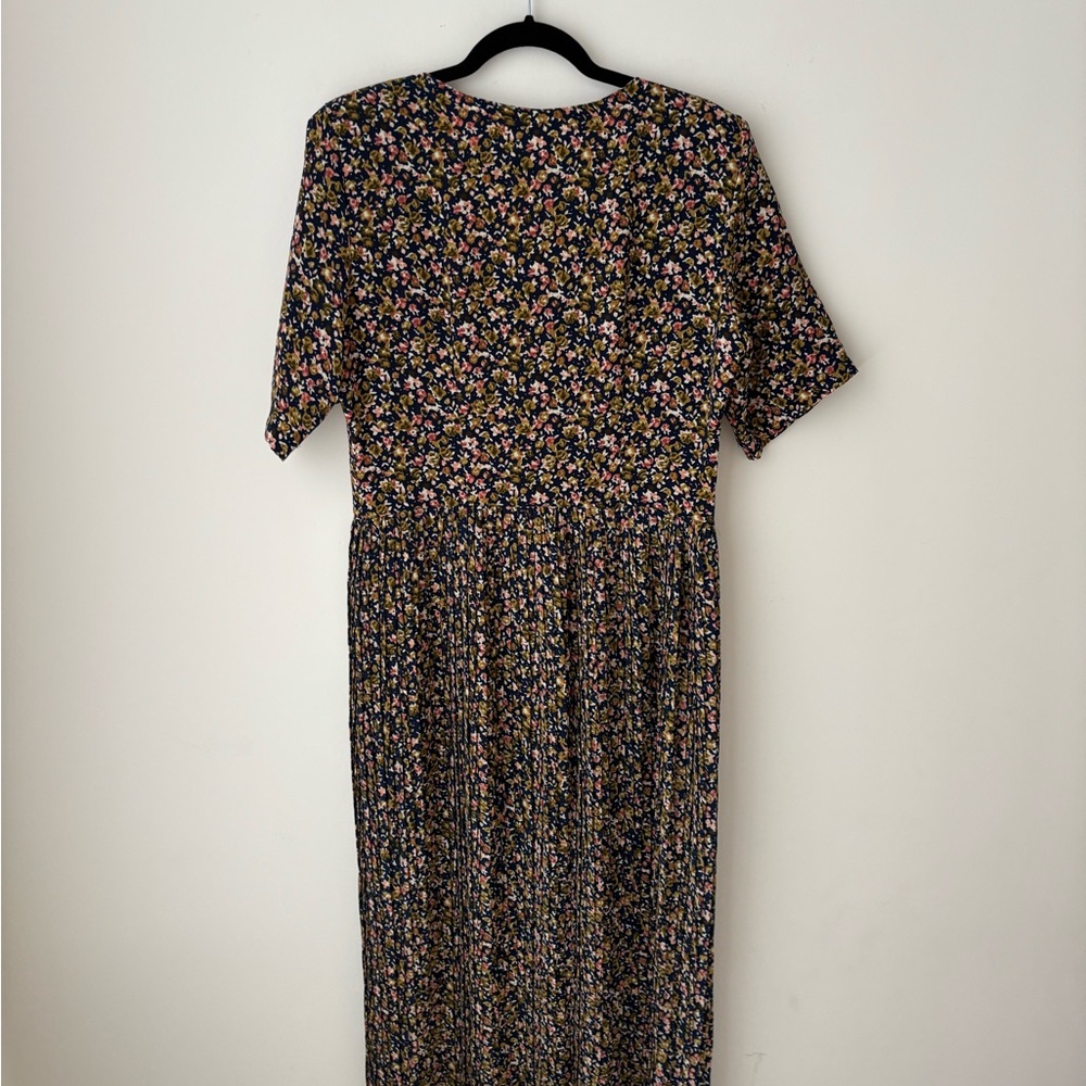 Vintage Floral Button Front Midi Dress Navy Pink Pleated Skirt Size 9/10 - Picture 7 of 10